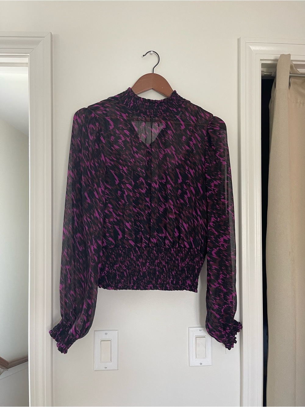 Express Women’s Black and Purple Smocked Waist Blouse